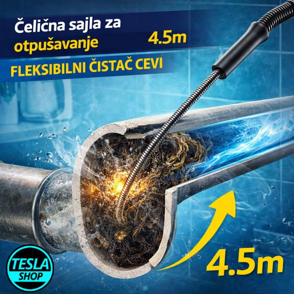 Čelična sajla za otpušavanje odvoda 4.5m – fleksibilni čistač cevi